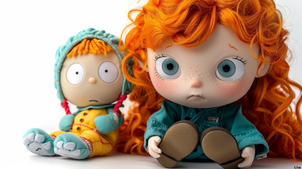 In this image, we see two dolls sitting next to each other. One of the dolls has orange hair and is wearing a blue hat. The other doll also has orange hair and blue eyes. Both dolls have very large eyes, with one of them being a redhead girl. The dolls seem to have different colored eyes and hair, with red hair and blue eyes being a prominent feature. The dolls appear to be placed on a table, adding to the overall composition of the scene. The overall color palette of the image includes shades of brown, orange, white, and blue, creating a warm and inviting atmosphere.