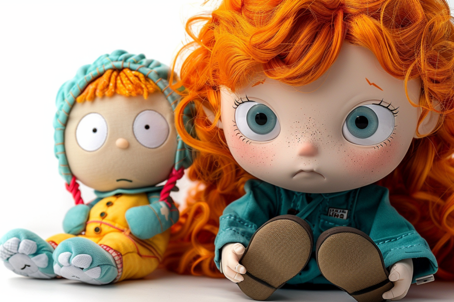 In this image, we see two dolls sitting next to each other. One of the dolls has orange hair and is wearing a blue hat. The other doll also has orange hair and blue eyes. Both dolls have very large eyes, with one of them being a redhead girl. The dolls seem to have different colored eyes and hair, with red hair and blue eyes being a prominent feature. The dolls appear to be placed on a table, adding to the overall composition of the scene. The overall color palette of the image includes shades of brown, orange, white, and blue, creating a warm and inviting atmosphere.