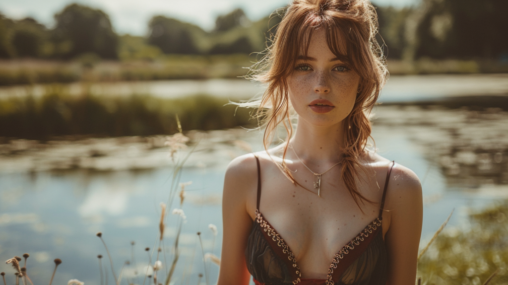 A woman with long red hair is standing in front of a serene lake, wearing a red and black bikini top. She has freckles on her face and is standing on lush green grass. The woman is wearing a necklace with a cross pendant, which is hanging around her neck. In the background, the calm waters of the lake reflect the blue sky above. The woman appears confident and relaxed as she poses for the camera. This scene captures a moment of peaceful reflection and natural beauty.