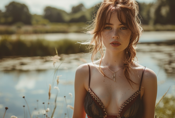 A woman with long red hair is standing in front of a serene lake, wearing a red and black bikini top. She has freckles on her face and is standing on lush green grass. The woman is wearing a necklace with a cross pendant, which is hanging around her neck. In the background, the calm waters of the lake reflect the blue sky above. The woman appears confident and relaxed as she poses for the camera. This scene captures a moment of peaceful reflection and natural beauty.