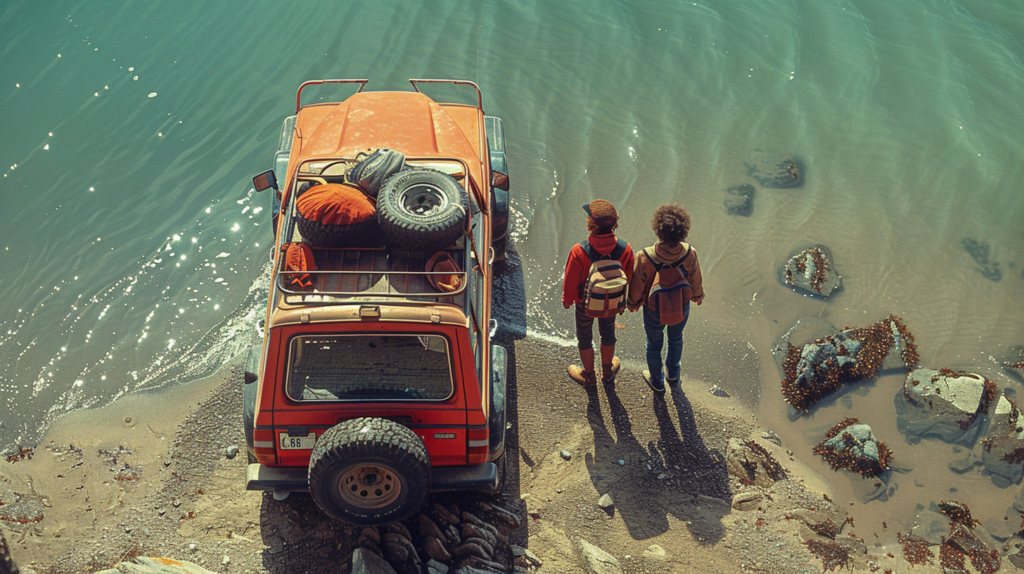 Two people, a man and a woman, are seen walking towards a red jeep parked on the beach. The man is wearing a hat and the woman is carrying a backpack. The red jeep has a rack on the roof with tires attached. In the background, a child with a backpack and skateboard can be seen walking down the street. The scene also includes a truck parked nearby. The beach setting is serene, with water visible in the background. The colors in the image are primarily earthy tones, with accents of red and green.