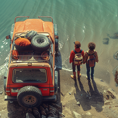 Two people, a man and a woman, are seen walking towards a red jeep parked on the beach. The man is wearing a hat and the woman is carrying a backpack. The red jeep has a rack on the roof with tires attached. In the background, a child with a backpack and skateboard can be seen walking down the street. The scene also includes a truck parked nearby. The beach setting is serene, with water visible in the background. The colors in the image are primarily earthy tones, with accents of red and green.