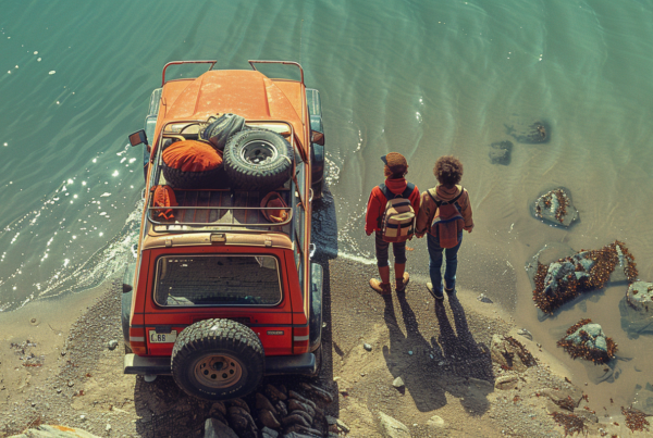 Two people, a man and a woman, are seen walking towards a red jeep parked on the beach. The man is wearing a hat and the woman is carrying a backpack. The red jeep has a rack on the roof with tires attached. In the background, a child with a backpack and skateboard can be seen walking down the street. The scene also includes a truck parked nearby. The beach setting is serene, with water visible in the background. The colors in the image are primarily earthy tones, with accents of red and green.