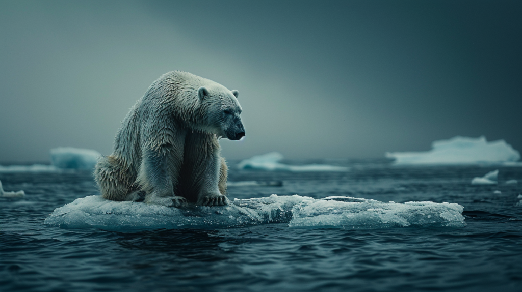 A majestic polar bear is seen sitting confidently on top of a large iceberg in the middle of the ocean. The bear''s white fur contrasts beautifully against the blue water and sky. The iceberg is surrounded by smaller ice formations in the distance. The bear appears calm and observant, with its powerful presence emanating from the image. The scene captures the essence of the bear''s natural habitat and its resilience in the face of harsh Arctic conditions. This peaceful moment showcases the beauty and strength of these magnificent creatures in their icy environment.
