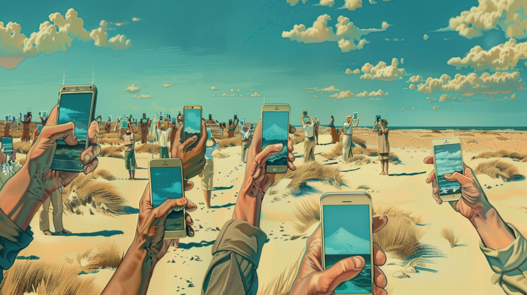 This painting depicts a bustling beach scene where a group of people are seen holding up their cell phones. The composition shows various individuals engaging with their devices, capturing moments or perhaps taking selfies. The beach setting is lively, with people scattered across the sandy shore. The painting showcases a mix of individuals, some standing and others sitting, all engrossed in their phones. The artist has captured the modern-day phenomenon of people constantly connected to their smartphones, even in a picturesque beach setting. The colors and details in the painting bring the scene to life, making it feel vibrant and dynamic.