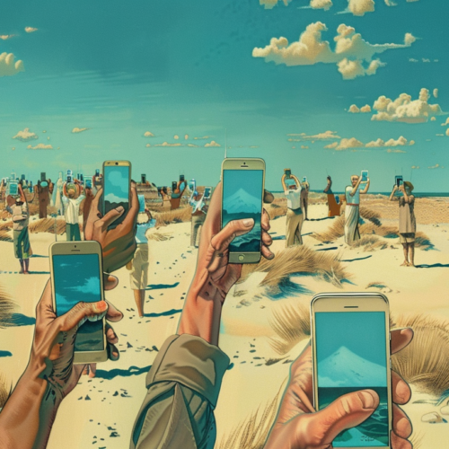 This painting depicts a bustling beach scene where a group of people are seen holding up their cell phones. The composition shows various individuals engaging with their devices, capturing moments or perhaps taking selfies. The beach setting is lively, with people scattered across the sandy shore. The painting showcases a mix of individuals, some standing and others sitting, all engrossed in their phones. The artist has captured the modern-day phenomenon of people constantly connected to their smartphones, even in a picturesque beach setting. The colors and details in the painting bring the scene to life, making it feel vibrant and dynamic.