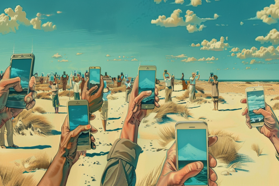 This painting depicts a bustling beach scene where a group of people are seen holding up their cell phones. The composition shows various individuals engaging with their devices, capturing moments or perhaps taking selfies. The beach setting is lively, with people scattered across the sandy shore. The painting showcases a mix of individuals, some standing and others sitting, all engrossed in their phones. The artist has captured the modern-day phenomenon of people constantly connected to their smartphones, even in a picturesque beach setting. The colors and details in the painting bring the scene to life, making it feel vibrant and dynamic.