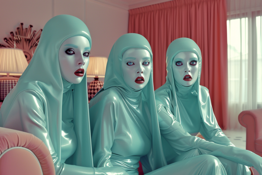 In this image, we see three women dressed in white latex costumes with red lips and white makeup, sitting on a pink couch. The women are strikingly dressed, with unique and eye-catching attire. One woman is wearing a blue hijab, adding a contrasting element to the group. The setting includes a pink couch with a white pillow, a pink chair with a white curtain in the background, and two lamps providing lighting. The women exude confidence and style, creating a visually captivating scene with their fashion choices and poses.