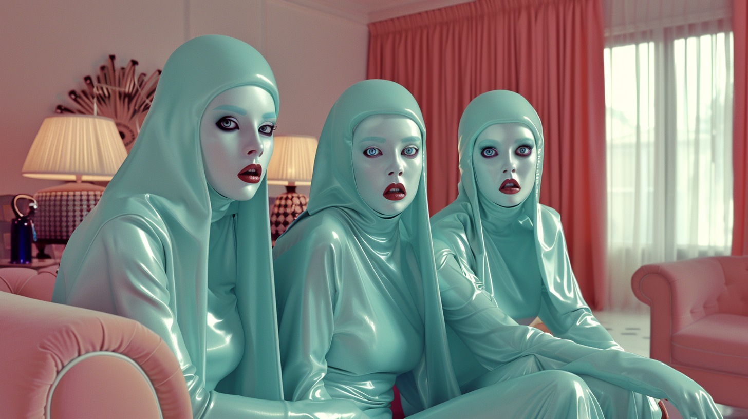 In this image, we see three women dressed in white latex costumes with red lips and white makeup, sitting on a pink couch. The women are strikingly dressed, with unique and eye-catching attire. One woman is wearing a blue hijab, adding a contrasting element to the group. The setting includes a pink couch with a white pillow, a pink chair with a white curtain in the background, and two lamps providing lighting. The women exude confidence and style, creating a visually captivating scene with their fashion choices and poses.