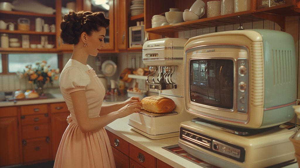 In this image, we see a woman in a kitchen standing in front of an open oven. She is carefully placing a loaf of bread inside the oven to bake. The kitchen is well-organized, with various items like plates, bowls, and cups neatly arranged on shelves and countertops. There is also a microwave, a vase with flowers, and a bottle on display. The woman is wearing a yellow dress and has her hair styled in a large bun. The overall atmosphere is cozy and inviting, with warm tones and a homely feel. The scene exudes a sense of domesticity and comfort.