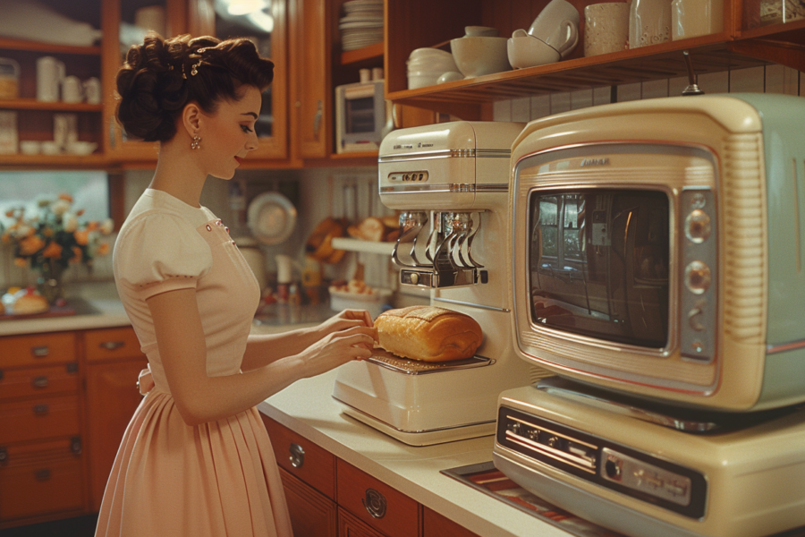 In this image, we see a woman in a kitchen standing in front of an open oven. She is carefully placing a loaf of bread inside the oven to bake. The kitchen is well-organized, with various items like plates, bowls, and cups neatly arranged on shelves and countertops. There is also a microwave, a vase with flowers, and a bottle on display. The woman is wearing a yellow dress and has her hair styled in a large bun. The overall atmosphere is cozy and inviting, with warm tones and a homely feel. The scene exudes a sense of domesticity and comfort.