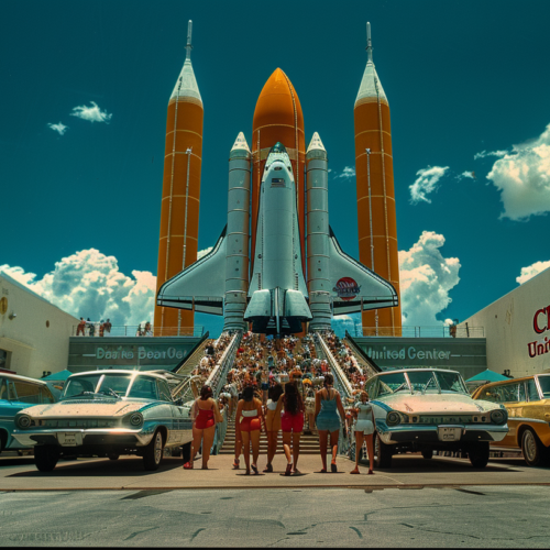 A group of people, including a woman in a red bathing suit and several individuals, are standing in front of a space shuttle. The scene also includes multiple cars parked nearby, with a classic blue car and a white car visible. The setting appears to be a city street, as evidenced by the parked cars and the surrounding buildings. The group of people seems to be gathered around the space shuttle, possibly in a celebratory or commemorative event. The image conveys a sense of excitement and community engagement with space exploration.