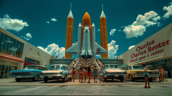 A group of people, including a woman in a red bathing suit and several individuals, are standing in front of a space shuttle. The scene also includes multiple cars parked nearby, with a classic blue car and a white car visible. The setting appears to be a city street, as evidenced by the parked cars and the surrounding buildings. The group of people seems to be gathered around the space shuttle, possibly in a celebratory or commemorative event. The image conveys a sense of excitement and community engagement with space exploration.