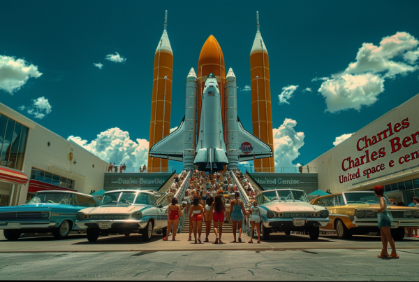 A group of people, including a woman in a red bathing suit and several individuals, are standing in front of a space shuttle. The scene also includes multiple cars parked nearby, with a classic blue car and a white car visible. The setting appears to be a city street, as evidenced by the parked cars and the surrounding buildings. The group of people seems to be gathered around the space shuttle, possibly in a celebratory or commemorative event. The image conveys a sense of excitement and community engagement with space exploration.