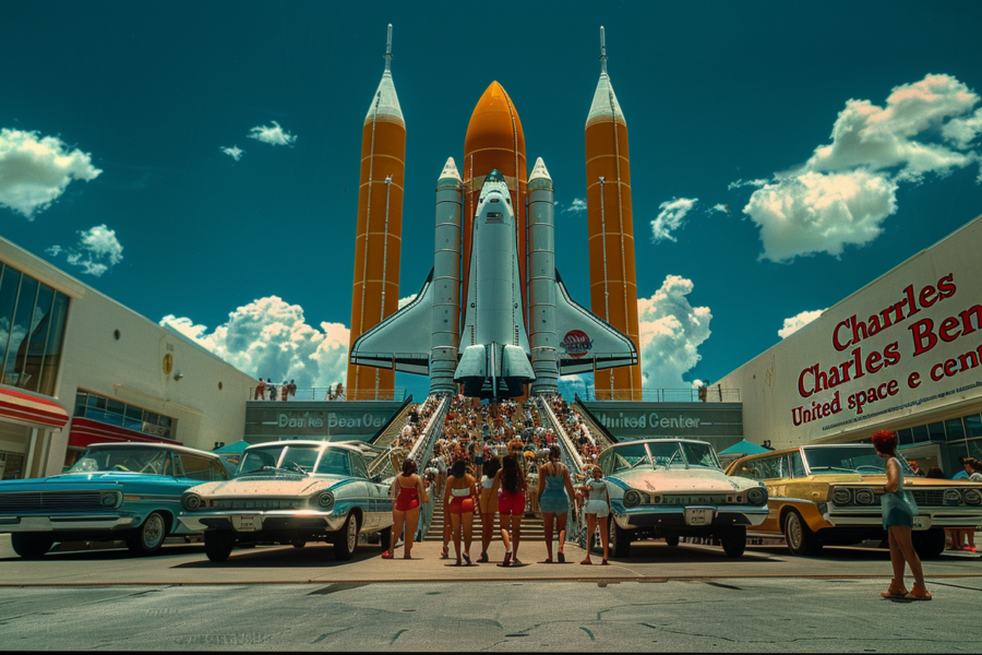 A group of people, including a woman in a red bathing suit and several individuals, are standing in front of a space shuttle. The scene also includes multiple cars parked nearby, with a classic blue car and a white car visible. The setting appears to be a city street, as evidenced by the parked cars and the surrounding buildings. The group of people seems to be gathered around the space shuttle, possibly in a celebratory or commemorative event. The image conveys a sense of excitement and community engagement with space exploration.