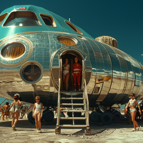 A group of people, mostly women, are gathered around a large airplane on the tarmac. The airplane is futuristic in design, with one woman standing in the doorway. The scene is busy, with people talking and interacting with each other. Some are wearing sunglasses, and one person is wearing glasses. The atmosphere is lively and social, with individuals of various ages and genders present. The setting appears to be an airport runway, with the airplane as the focal point of the activity. Overall, it is a bustling and dynamic scene full of energy and movement.