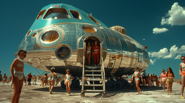 A group of people, mostly women, are gathered around a large airplane on the tarmac. The airplane is futuristic in design, with one woman standing in the doorway. The scene is busy, with people talking and interacting with each other. Some are wearing sunglasses, and one person is wearing glasses. The atmosphere is lively and social, with individuals of various ages and genders present. The setting appears to be an airport runway, with the airplane as the focal point of the activity. Overall, it is a bustling and dynamic scene full of energy and movement.