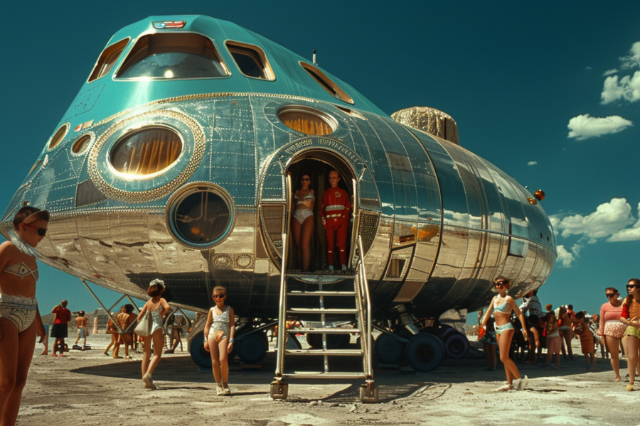 A group of people, mostly women, are gathered around a large airplane on the tarmac. The airplane is futuristic in design, with one woman standing in the doorway. The scene is busy, with people talking and interacting with each other. Some are wearing sunglasses, and one person is wearing glasses. The atmosphere is lively and social, with individuals of various ages and genders present. The setting appears to be an airport runway, with the airplane as the focal point of the activity. Overall, it is a bustling and dynamic scene full of energy and movement.