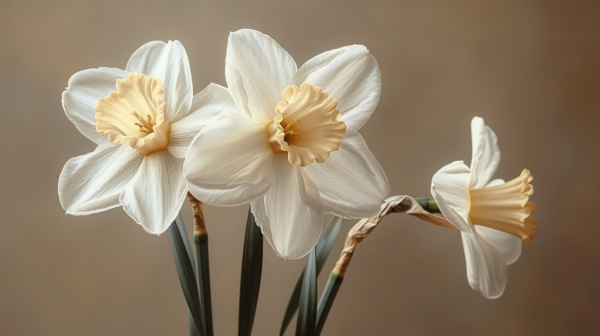 A close-up image of a vase filled with three delicate white flowers. The flowers have a soft white color with a hint of green on their stems, and each flower has a yellow center adding a pop of color to the arrangement. The vase is placed on a table, surrounded by a neutral background. The composition highlights the beauty and elegance of the white flowers, showcasing their intricate details and graceful appearance. This image captures the tranquility and simplicity of nature, making it a perfect addition to any interior space for a touch of freshness and serenity.