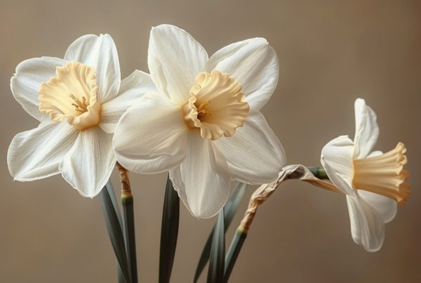 A close-up image of a vase filled with three delicate white flowers. The flowers have a soft white color with a hint of green on their stems, and each flower has a yellow center adding a pop of color to the arrangement. The vase is placed on a table, surrounded by a neutral background. The composition highlights the beauty and elegance of the white flowers, showcasing their intricate details and graceful appearance. This image captures the tranquility and simplicity of nature, making it a perfect addition to any interior space for a touch of freshness and serenity.