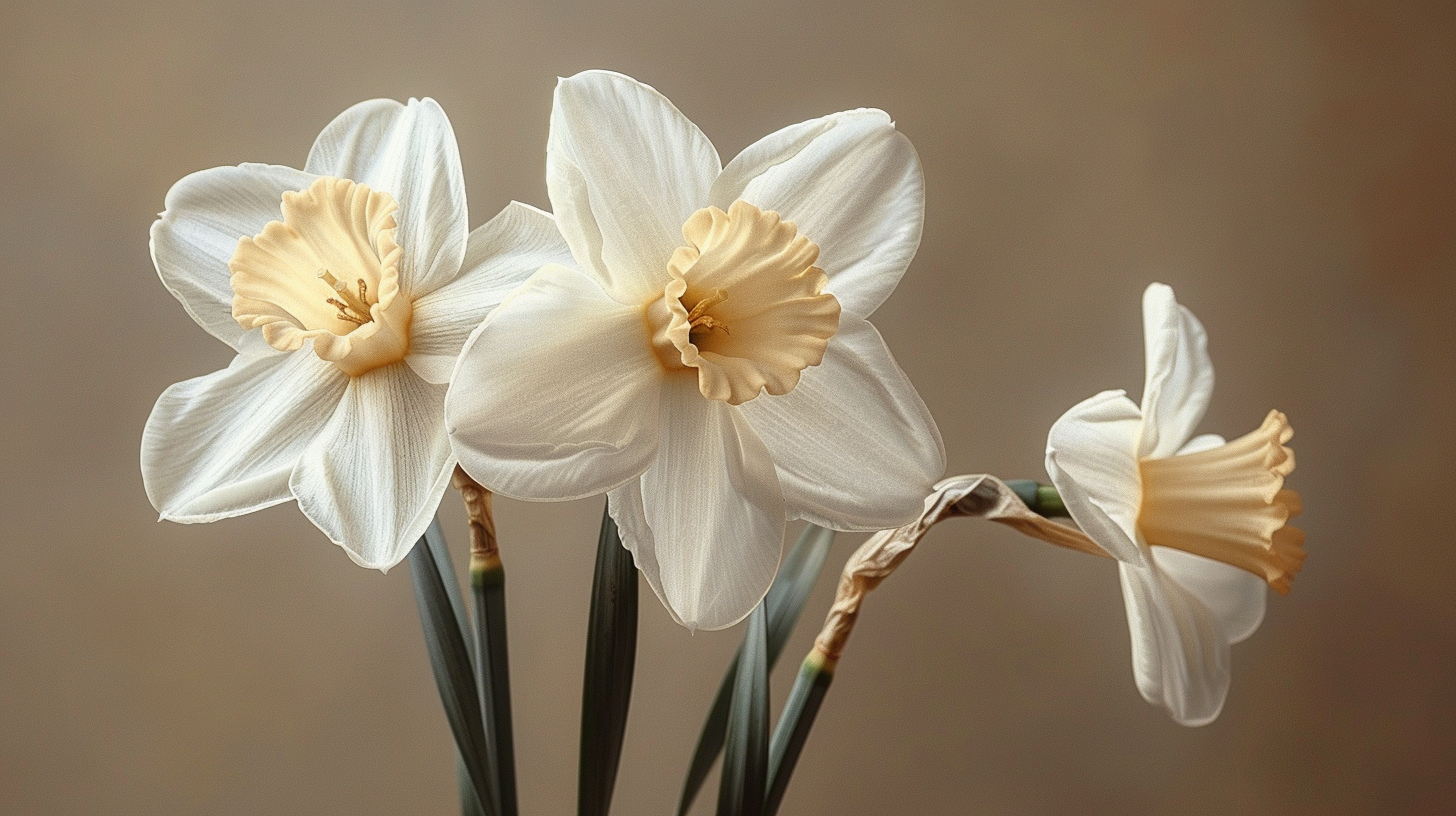 A close-up image of a vase filled with three delicate white flowers. The flowers have a soft white color with a hint of green on their stems, and each flower has a yellow center adding a pop of color to the arrangement. The vase is placed on a table, surrounded by a neutral background. The composition highlights the beauty and elegance of the white flowers, showcasing their intricate details and graceful appearance. This image captures the tranquility and simplicity of nature, making it a perfect addition to any interior space for a touch of freshness and serenity.