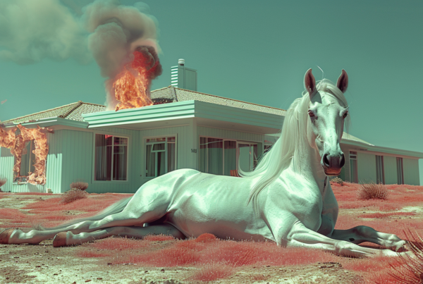 A serene scene depicts a white horse peacefully laying in the lush green grass in front of a quaint house. The horse stands out against the vibrant backdrop with its pristine white coat. In the distance, a fire can be seen flickering, adding a sense of warmth to the image. The horse appears relaxed and content, blending harmoniously with its surroundings. The overall composition exudes a sense of tranquility and rural charm, capturing a moment of quiet beauty in the countryside.