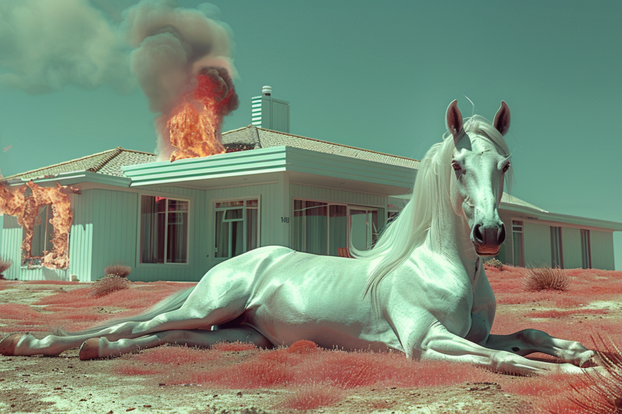 A serene scene depicts a white horse peacefully laying in the lush green grass in front of a quaint house. The horse stands out against the vibrant backdrop with its pristine white coat. In the distance, a fire can be seen flickering, adding a sense of warmth to the image. The horse appears relaxed and content, blending harmoniously with its surroundings. The overall composition exudes a sense of tranquility and rural charm, capturing a moment of quiet beauty in the countryside.