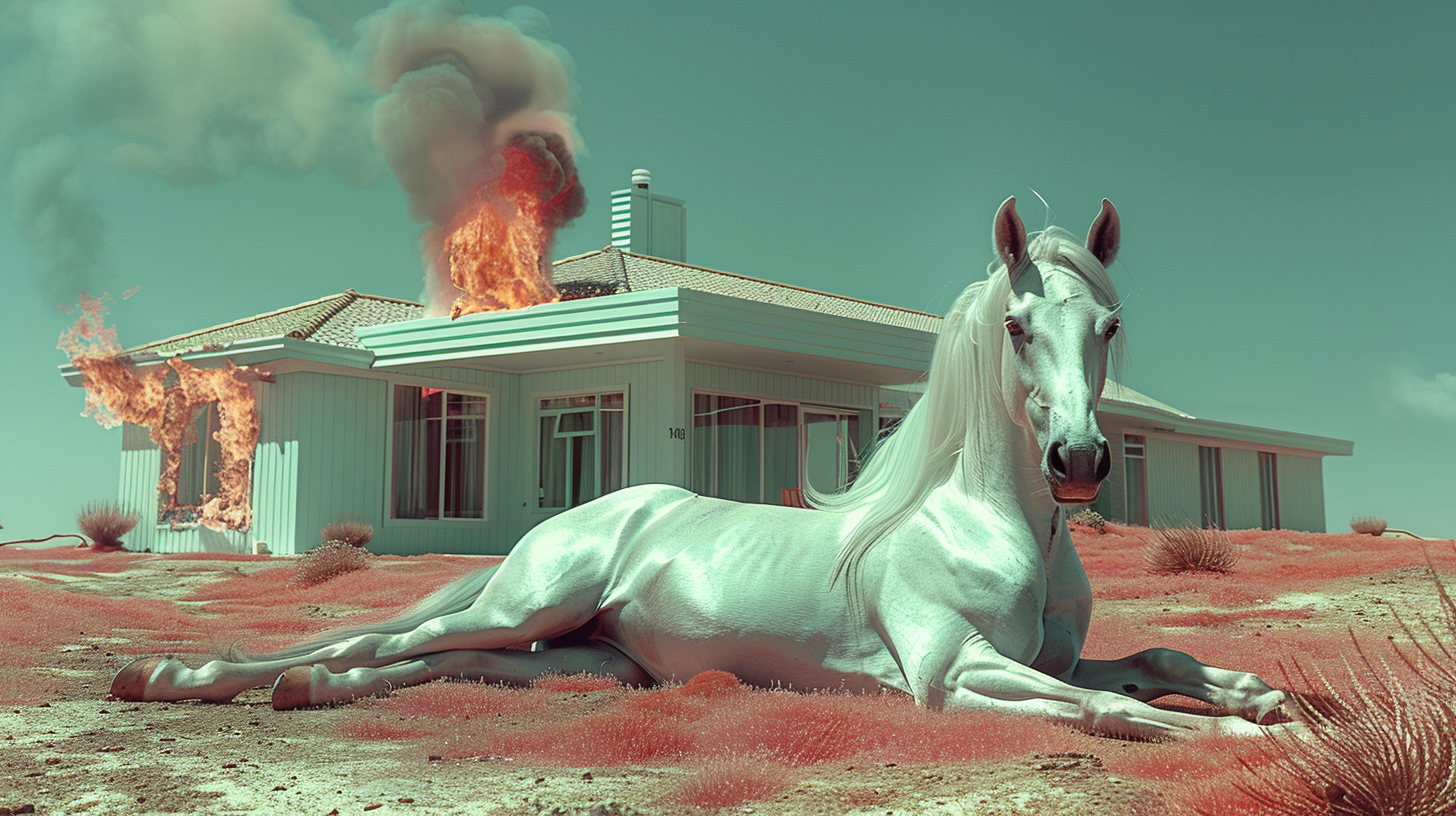 A serene scene depicts a white horse peacefully laying in the lush green grass in front of a quaint house. The horse stands out against the vibrant backdrop with its pristine white coat. In the distance, a fire can be seen flickering, adding a sense of warmth to the image. The horse appears relaxed and content, blending harmoniously with its surroundings. The overall composition exudes a sense of tranquility and rural charm, capturing a moment of quiet beauty in the countryside.