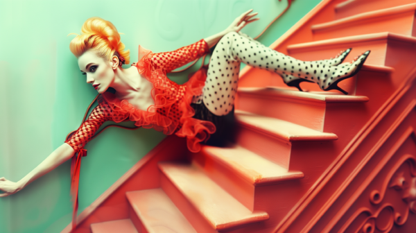 A woman is sitting on a staircase wearing a red dress and polka dot tights. She is accompanied by a bottle of wine with a red ribbon around it. The woman is the focus of the image, with her outfit standing out against the stairs. In the background, there is a dalmatian dog figurine with a red background, adding a playful element to the scene. The woman''s outfit and the dalmatian dog create a whimsical and fashionable atmosphere. The overall composition is colorful and eye-catching, perfect for a fashion or lifestyle theme.