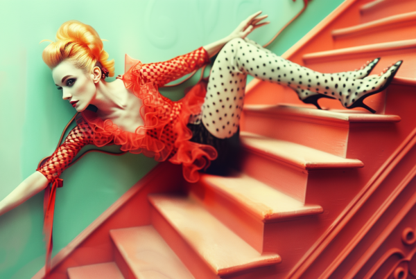 A woman is sitting on a staircase wearing a red dress and polka dot tights. She is accompanied by a bottle of wine with a red ribbon around it. The woman is the focus of the image, with her outfit standing out against the stairs. In the background, there is a dalmatian dog figurine with a red background, adding a playful element to the scene. The woman''s outfit and the dalmatian dog create a whimsical and fashionable atmosphere. The overall composition is colorful and eye-catching, perfect for a fashion or lifestyle theme.