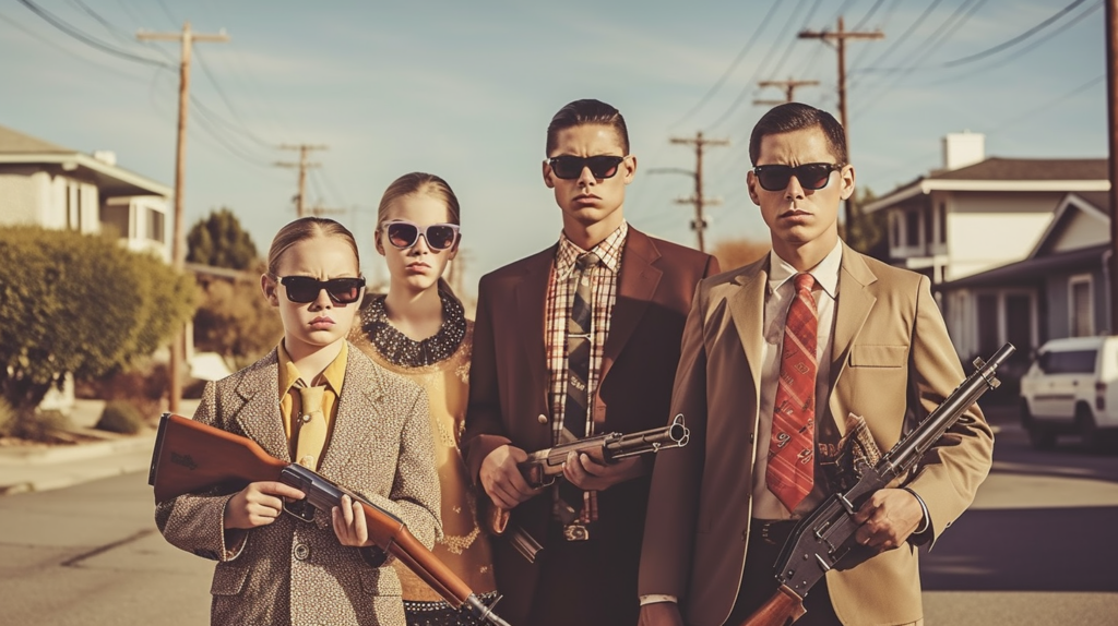 A group of men dressed in suits and ties are standing together, each holding a gun. The men appear to be in a serious and possibly dangerous situation. Some of the men are also wearing sunglasses. One man is holding a guitar, adding an interesting element to the scene. The men are focused and appear to be on a mission. The image captures a sense of tension and intrigue, as if the group is preparing for a confrontation. The overall color scheme of the image includes shades of brown, gray, and black, adding to the serious and mysterious atmosphere.