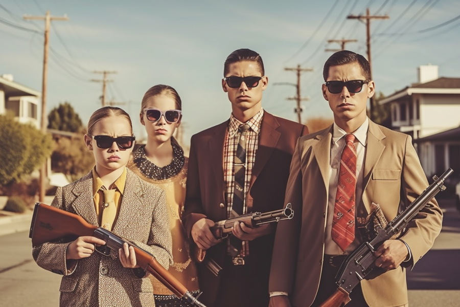 A group of men dressed in suits and ties are standing together, each holding a gun. The men appear to be in a serious and possibly dangerous situation. Some of the men are also wearing sunglasses. One man is holding a guitar, adding an interesting element to the scene. The men are focused and appear to be on a mission. The image captures a sense of tension and intrigue, as if the group is preparing for a confrontation. The overall color scheme of the image includes shades of brown, gray, and black, adding to the serious and mysterious atmosphere.