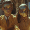The image depicts a couple of people riding a motorcycle, both wearing masks for protection. One person is wearing a tie, while the other is wearing glasses. The individuals are dressed in suits, suggesting a formal occasion or professional setting. The primary colors in the image include shades of brown and green, with accents of dark red. The scene conveys a sense of adventure and mystery, with the individuals'' identities partially obscured by their masks. The composition is dynamic, with the motorcycle adding movement and excitement to the overall atmosphere.