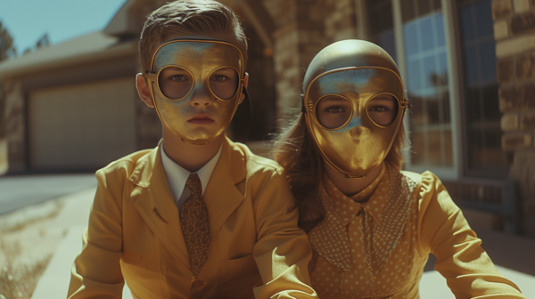 The image depicts a couple of people riding a motorcycle, both wearing masks for protection. One person is wearing a tie, while the other is wearing glasses. The individuals are dressed in suits, suggesting a formal occasion or professional setting. The primary colors in the image include shades of brown and green, with accents of dark red. The scene conveys a sense of adventure and mystery, with the individuals'' identities partially obscured by their masks. The composition is dynamic, with the motorcycle adding movement and excitement to the overall atmosphere.