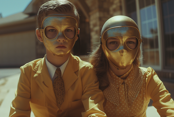 The image depicts a couple of people riding a motorcycle, both wearing masks for protection. One person is wearing a tie, while the other is wearing glasses. The individuals are dressed in suits, suggesting a formal occasion or professional setting. The primary colors in the image include shades of brown and green, with accents of dark red. The scene conveys a sense of adventure and mystery, with the individuals'' identities partially obscured by their masks. The composition is dynamic, with the motorcycle adding movement and excitement to the overall atmosphere.