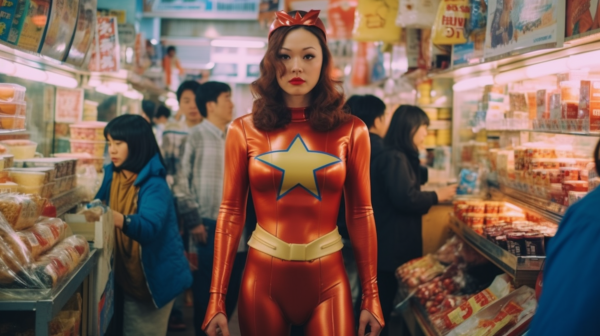 In a bustling store, a woman captivates onlookers in her striking red and gold costume. The costume features intricate detailing, including a prominent star emblem on her chest. The woman exudes confidence and power as she stands tall amidst the shopping chaos. Her outfit, reminiscent of a comic book character, catches the eye of passersby. The store is filled with various items, from tables to bowls, creating a lively and colorful backdrop for the woman''s bold attire. The scene is a fusion of everyday life and fantasy, with the woman''s presence adding a touch of magic to the mundane setting.