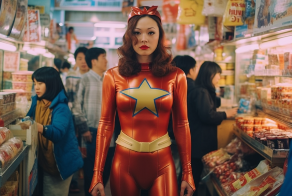 In a bustling store, a woman captivates onlookers in her striking red and gold costume. The costume features intricate detailing, including a prominent star emblem on her chest. The woman exudes confidence and power as she stands tall amidst the shopping chaos. Her outfit, reminiscent of a comic book character, catches the eye of passersby. The store is filled with various items, from tables to bowls, creating a lively and colorful backdrop for the woman''s bold attire. The scene is a fusion of everyday life and fantasy, with the woman''s presence adding a touch of magic to the mundane setting.