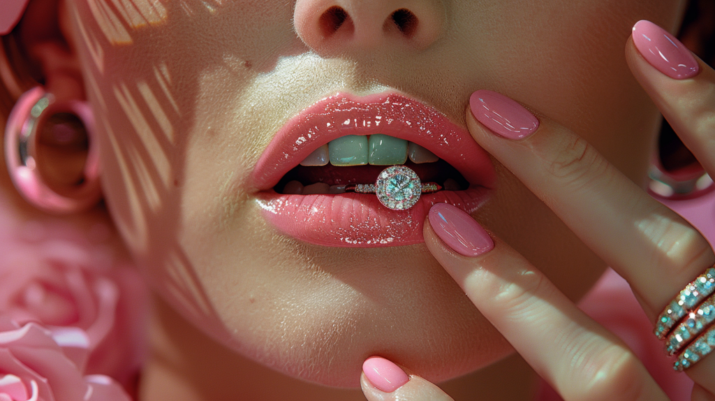 In this image, we see a close-up of a woman''s hand with pink nails adorned with a diamond ring. The nails are perfectly manicured, showcasing a vibrant shade of pink. The woman''s hand is elegantly positioned, drawing attention to the sparkling diamond ring on her finger. Additionally, we notice a pair of slippers in the background. The overall color palette of the image consists of warm tones like pink, red, and brown, with a touch of darker shades for contrast. The composition captures a sense of elegance and femininity, highlighting the beauty of the woman''s hand and the luxurious diamond ring.