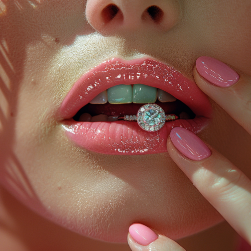 In this image, we see a close-up of a woman''s hand with pink nails adorned with a diamond ring. The nails are perfectly manicured, showcasing a vibrant shade of pink. The woman''s hand is elegantly positioned, drawing attention to the sparkling diamond ring on her finger. Additionally, we notice a pair of slippers in the background. The overall color palette of the image consists of warm tones like pink, red, and brown, with a touch of darker shades for contrast. The composition captures a sense of elegance and femininity, highlighting the beauty of the woman''s hand and the luxurious diamond ring.