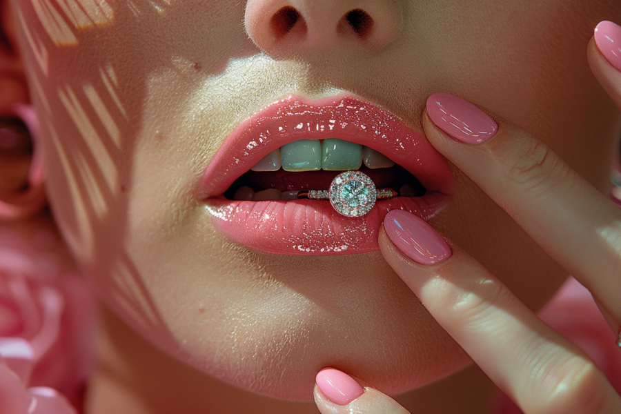 In this image, we see a close-up of a woman''s hand with pink nails adorned with a diamond ring. The nails are perfectly manicured, showcasing a vibrant shade of pink. The woman''s hand is elegantly positioned, drawing attention to the sparkling diamond ring on her finger. Additionally, we notice a pair of slippers in the background. The overall color palette of the image consists of warm tones like pink, red, and brown, with a touch of darker shades for contrast. The composition captures a sense of elegance and femininity, highlighting the beauty of the woman''s hand and the luxurious diamond ring.