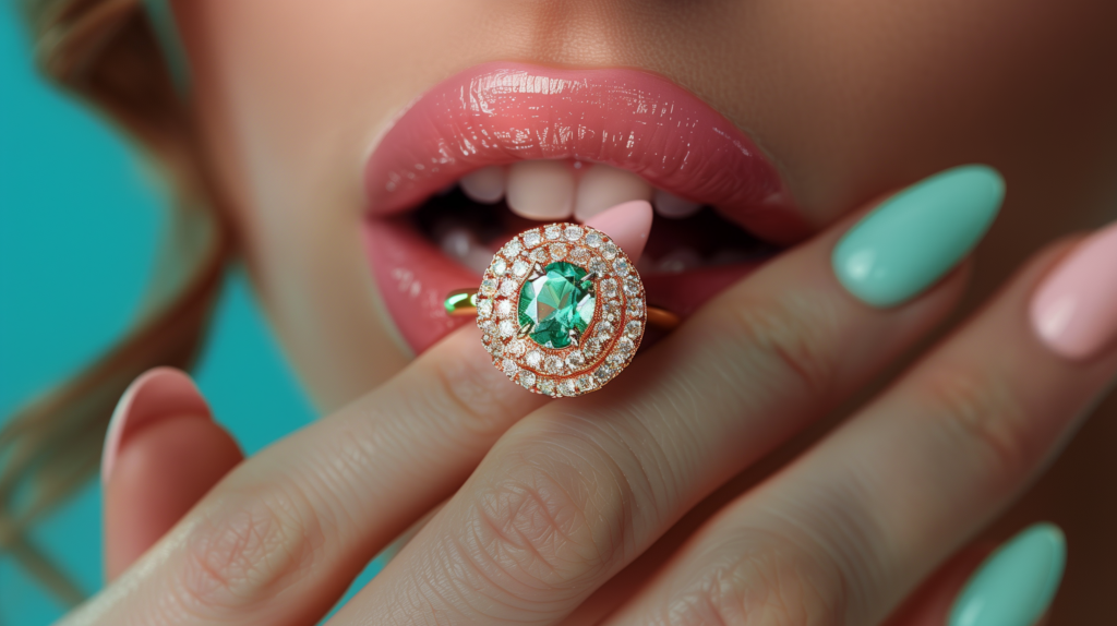 A close-up image of a woman''s hand showcasing a beautiful ring on her finger. The ring appears to be an engagement ring, featuring a stunning green emerald stone surrounded by sparkling diamonds. The woman''s nails are painted with pink nail polish, adding a touch of elegance to the overall look. The ring is the focal point of the image, exuding a sense of luxury and sophistication. The woman''s hand is delicately positioned, highlighting the intricate details of the ring. This image captures a moment of beauty and celebration, possibly symbolizing love and commitment.