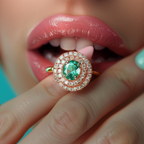 A close-up image of a woman''s hand showcasing a beautiful ring on her finger. The ring appears to be an engagement ring, featuring a stunning green emerald stone surrounded by sparkling diamonds. The woman''s nails are painted with pink nail polish, adding a touch of elegance to the overall look. The ring is the focal point of the image, exuding a sense of luxury and sophistication. The woman''s hand is delicately positioned, highlighting the intricate details of the ring. This image captures a moment of beauty and celebration, possibly symbolizing love and commitment.