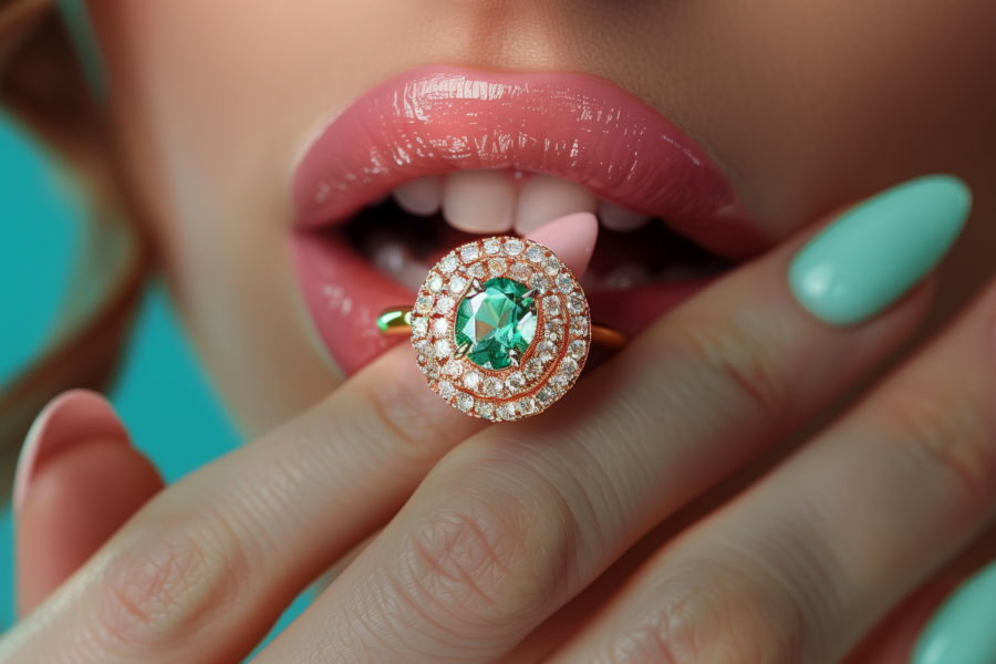 A close-up image of a woman''s hand showcasing a beautiful ring on her finger. The ring appears to be an engagement ring, featuring a stunning green emerald stone surrounded by sparkling diamonds. The woman''s nails are painted with pink nail polish, adding a touch of elegance to the overall look. The ring is the focal point of the image, exuding a sense of luxury and sophistication. The woman''s hand is delicately positioned, highlighting the intricate details of the ring. This image captures a moment of beauty and celebration, possibly symbolizing love and commitment.