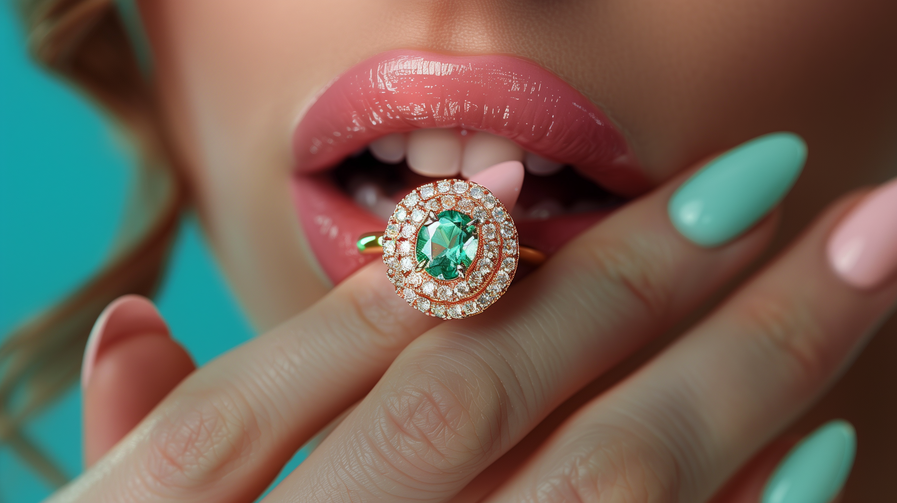 A close-up image of a woman''s hand showcasing a beautiful ring on her finger. The ring appears to be an engagement ring, featuring a stunning green emerald stone surrounded by sparkling diamonds. The woman''s nails are painted with pink nail polish, adding a touch of elegance to the overall look. The ring is the focal point of the image, exuding a sense of luxury and sophistication. The woman''s hand is delicately positioned, highlighting the intricate details of the ring. This image captures a moment of beauty and celebration, possibly symbolizing love and commitment.