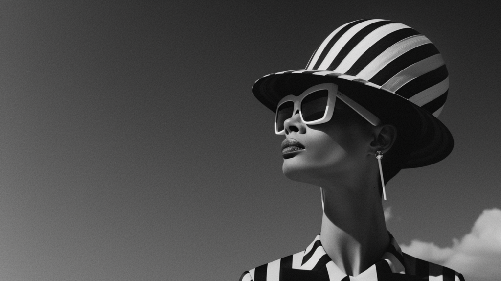 In this black and white photo, a woman is depicted wearing a stylish hat and sunglasses. The woman, who appears to be a model, is dressed in a striped suit and is confidently posing for the camera. The hat she is wearing is white with a black band, adding a chic touch to her outfit. The sunglasses she has on are large and black, shielding her eyes from the sun. The image captures her in a moment of elegance and sophistication, making her the epitome of fashion and style. The overall aesthetic is classic and timeless, reminiscent of vintage glamour.