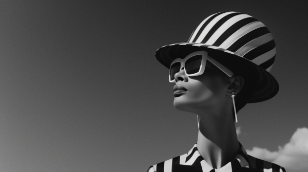 In this black and white photo, a woman is depicted wearing a stylish hat and sunglasses. The woman, who appears to be a model, is dressed in a striped suit and is confidently posing for the camera. The hat she is wearing is white with a black band, adding a chic touch to her outfit. The sunglasses she has on are large and black, shielding her eyes from the sun. The image captures her in a moment of elegance and sophistication, making her the epitome of fashion and style. The overall aesthetic is classic and timeless, reminiscent of vintage glamour.
