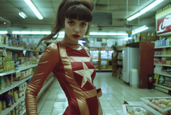In a bustling supermarket, a woman wearing a stunning red and gold costume stands out among the aisles filled with various products. The woman''s dress is adorned with intricate designs and a star emblem, drawing attention to her vibrant attire. Surrounding her are shelves stocked with items like lamps, a fire extinguisher, and a cabinet/shelf. The store is well-lit with fluorescent lights on the ceiling, casting a bright glow over the scene. A young girl with long hair, likely a customer, gazes at the woman in awe. The overall atmosphere is colorful and lively, with a mix of red, green, and earthy tones creating a visually captivating setting.