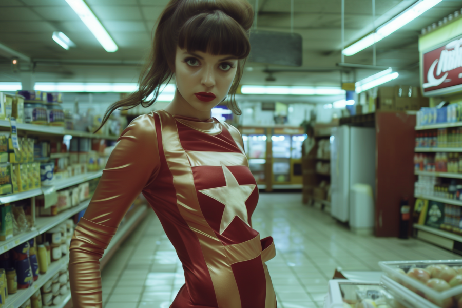 In a bustling supermarket, a woman wearing a stunning red and gold costume stands out among the aisles filled with various products. The woman''s dress is adorned with intricate designs and a star emblem, drawing attention to her vibrant attire. Surrounding her are shelves stocked with items like lamps, a fire extinguisher, and a cabinet/shelf. The store is well-lit with fluorescent lights on the ceiling, casting a bright glow over the scene. A young girl with long hair, likely a customer, gazes at the woman in awe. The overall atmosphere is colorful and lively, with a mix of red, green, and earthy tones creating a visually captivating setting.