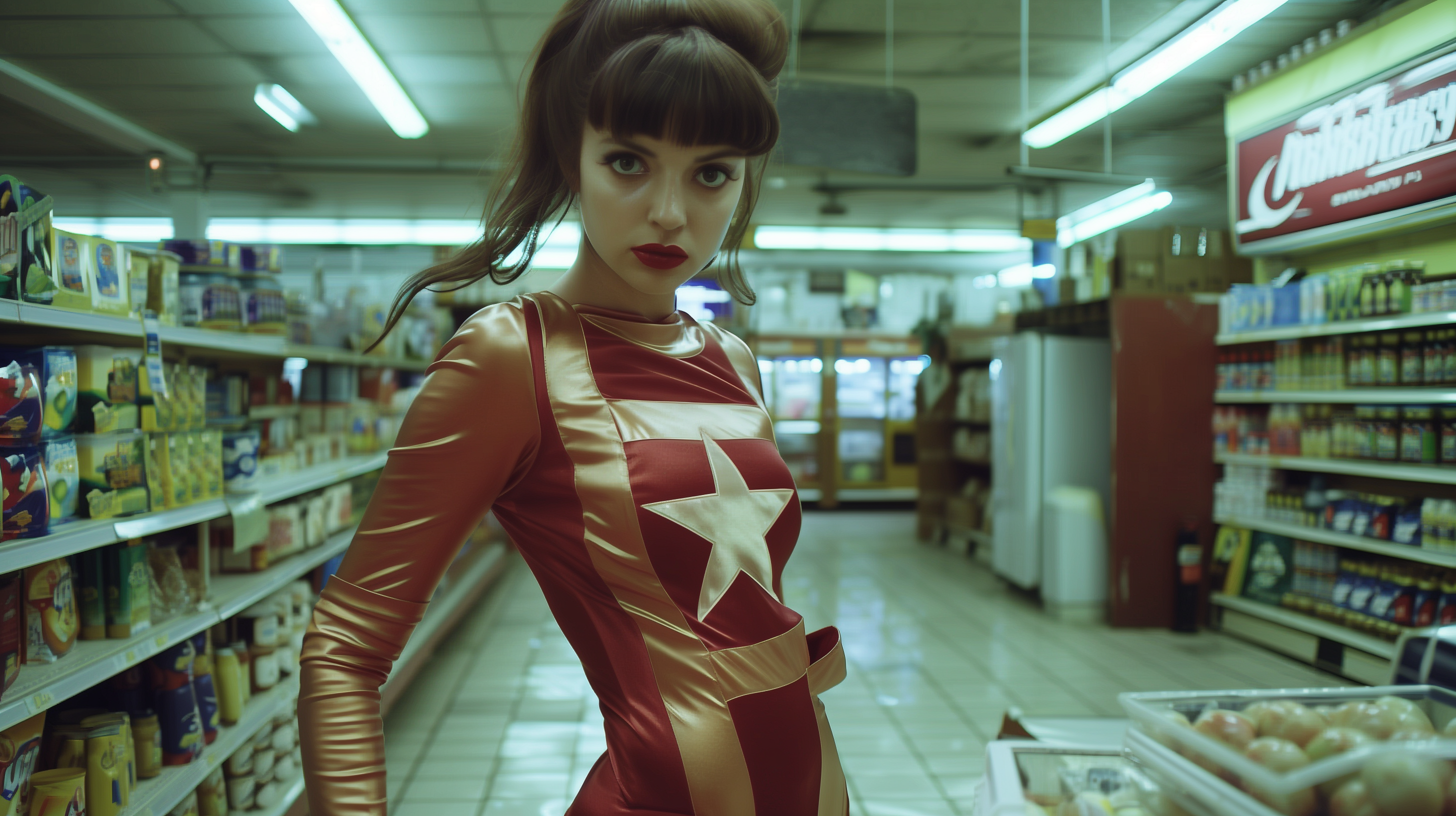 In a bustling supermarket, a woman wearing a stunning red and gold costume stands out among the aisles filled with various products. The woman''s dress is adorned with intricate designs and a star emblem, drawing attention to her vibrant attire. Surrounding her are shelves stocked with items like lamps, a fire extinguisher, and a cabinet/shelf. The store is well-lit with fluorescent lights on the ceiling, casting a bright glow over the scene. A young girl with long hair, likely a customer, gazes at the woman in awe. The overall atmosphere is colorful and lively, with a mix of red, green, and earthy tones creating a visually captivating setting.