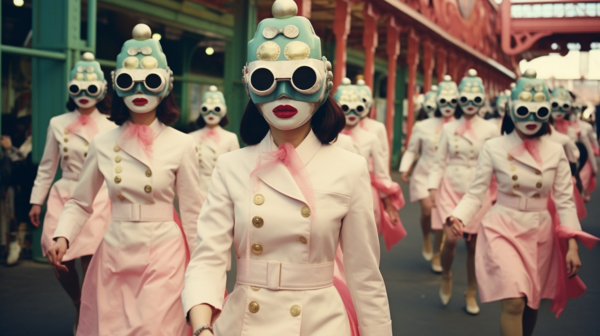 A vibrant scene unfolds as a group of women, dressed in colorful costumes and masks, walk down a bustling street. The women are wearing pink dresses and white masks, creating a striking visual contrast. One woman stands out in a pink dress, while another is in a white suit. Surrounding them are various people in different costumes, adding to the festive atmosphere. The image captures the energy and excitement of a parade or festival, with the participants exuding joy and celebration. The street is filled with onlookers, and the overall ambiance is one of merriment and revelry.